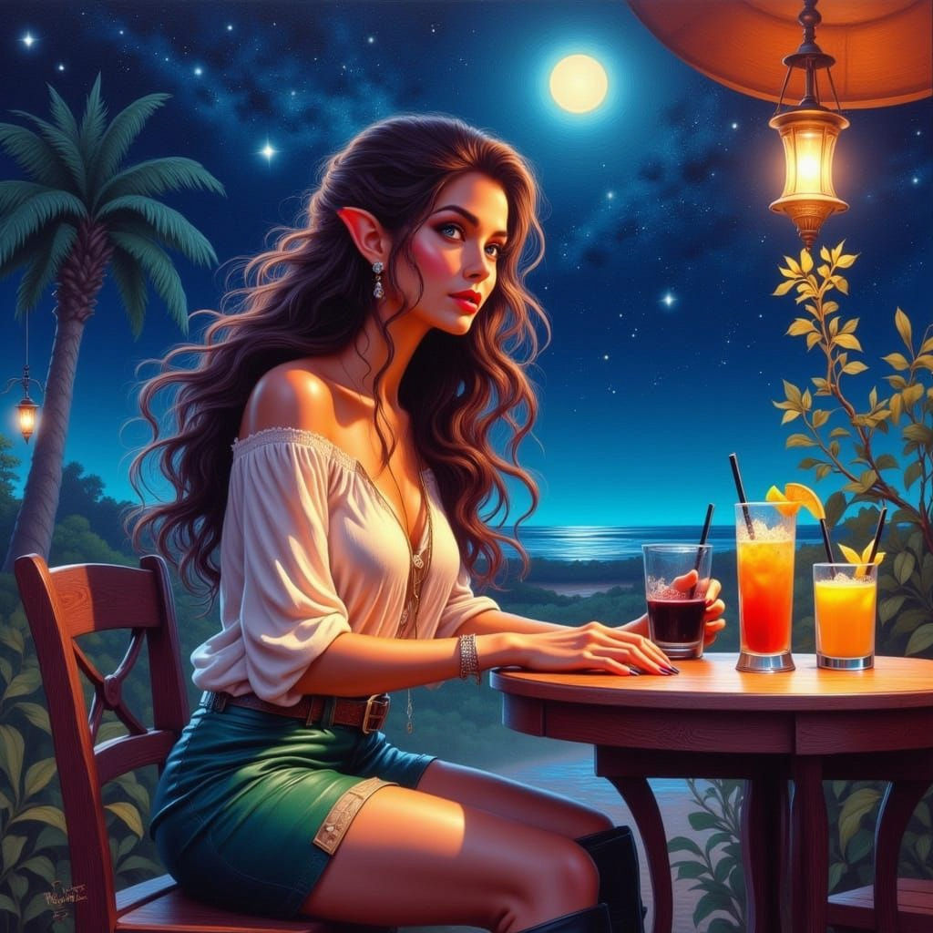 Elegant Elf Woman in Terrace Bar, Jerry Pinkney Style