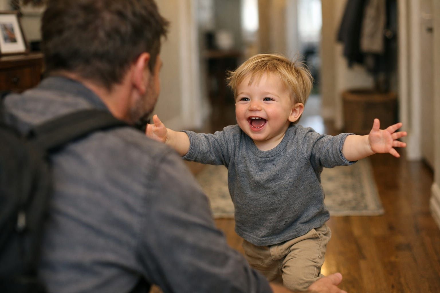 Tired Father Greeted by Joyful Toddler in Realistic Photo