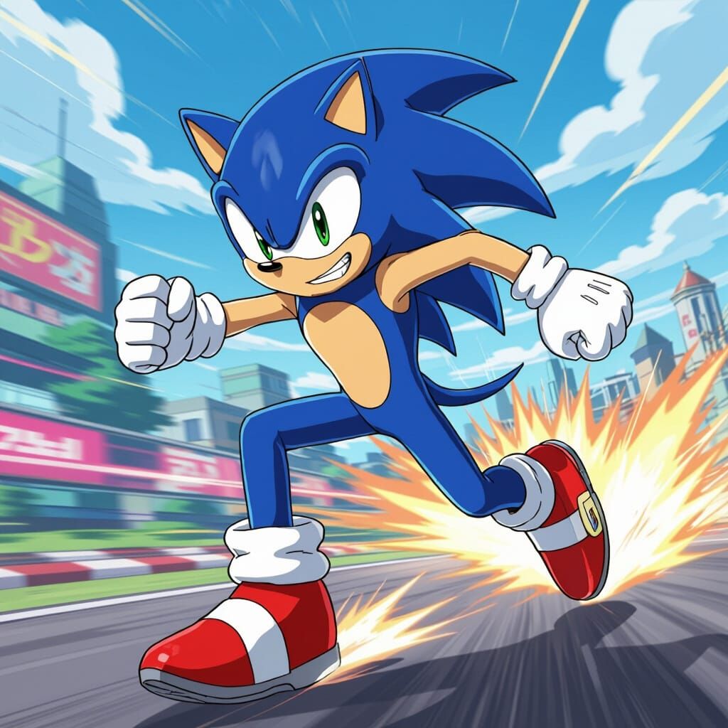 Sonic Running at High Speed in Anime Style
