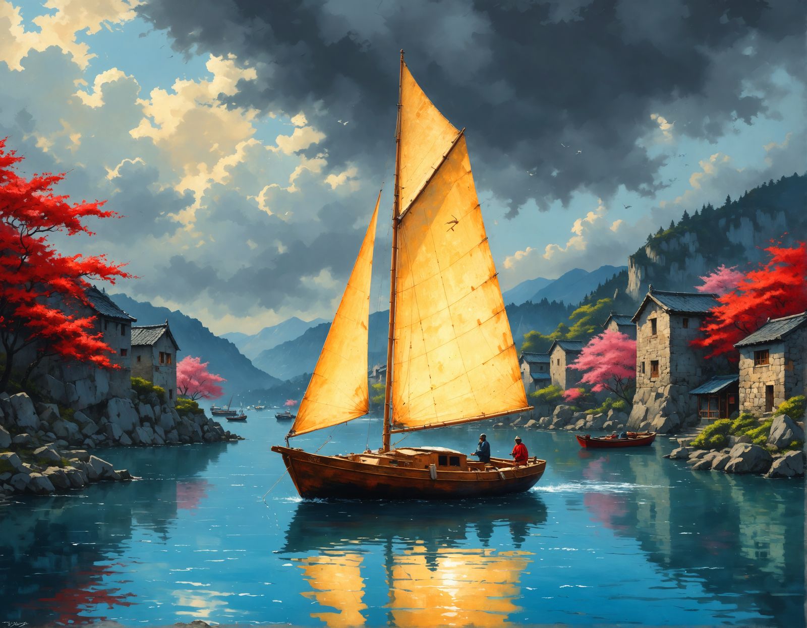 Golden Sailboat on Lake with Sakura Trees as Pop Art