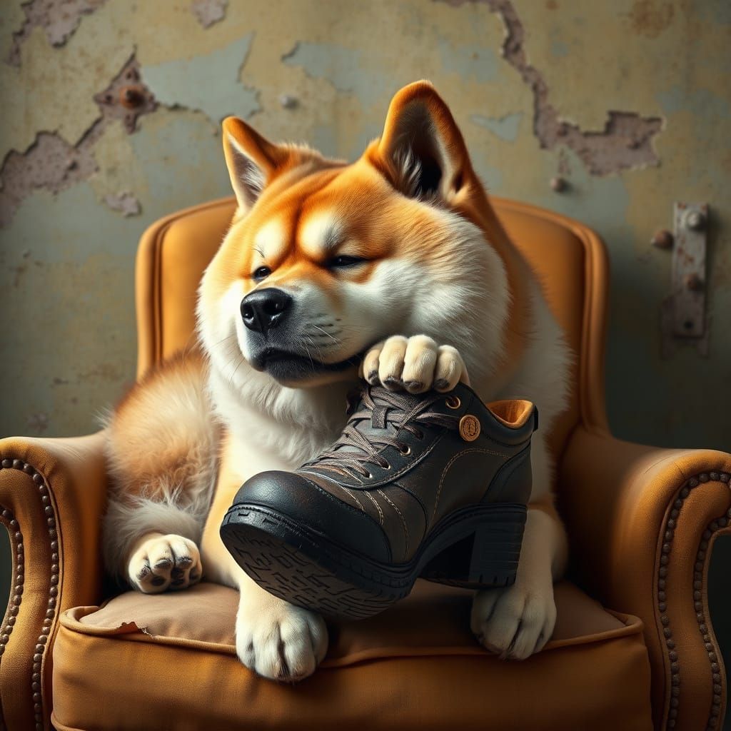 Surreal Akita Enjoys Vintage Armchair with Torn Upholstery