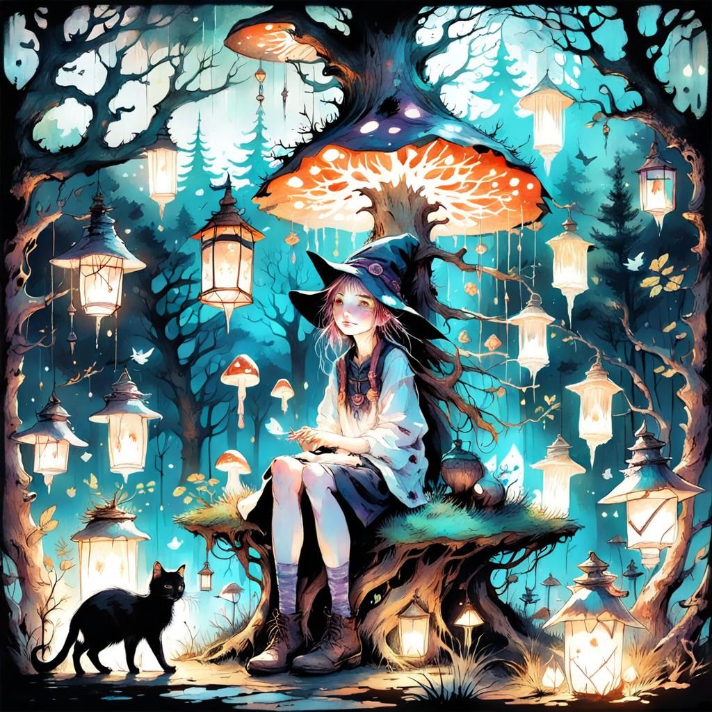 Cute Witch and Cat by Magical Forest Tree