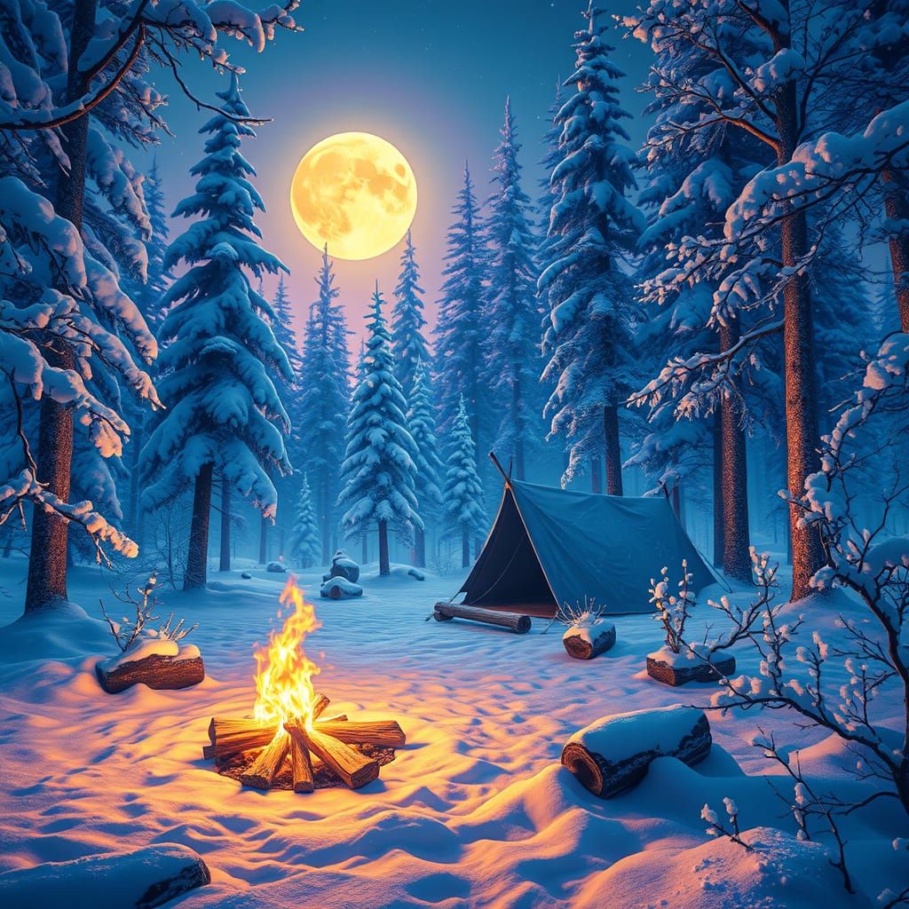 Winter Campsite Scene in Vibrant Moonlit Colors