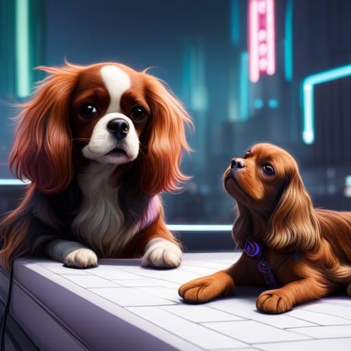 Cavalier King Charles Spaniel in Cyberpunk Neon City