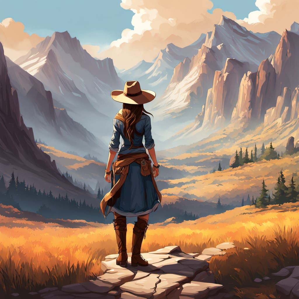 Cowgirl in Golden Hour Before Majestic Mountains