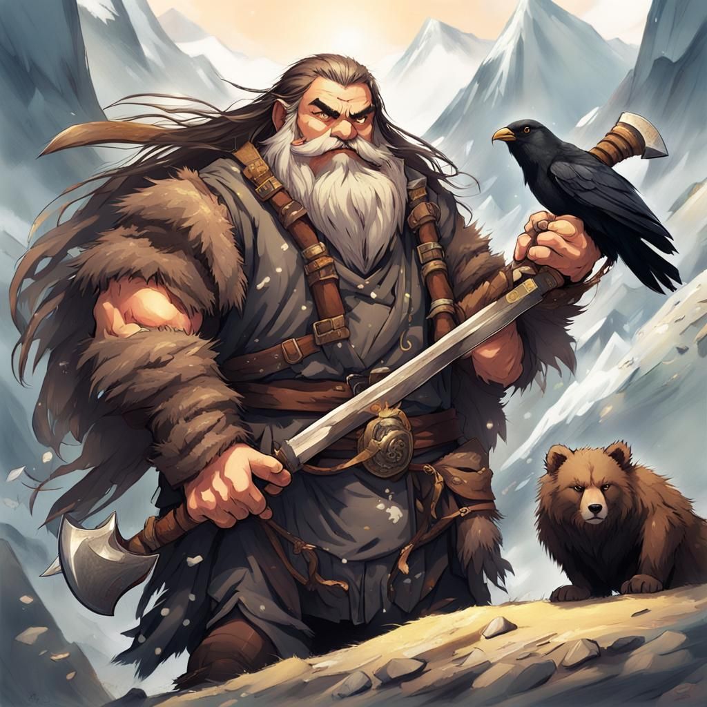 Mountain Dwarf Barbarian with Spirit Bear, in Anime Style