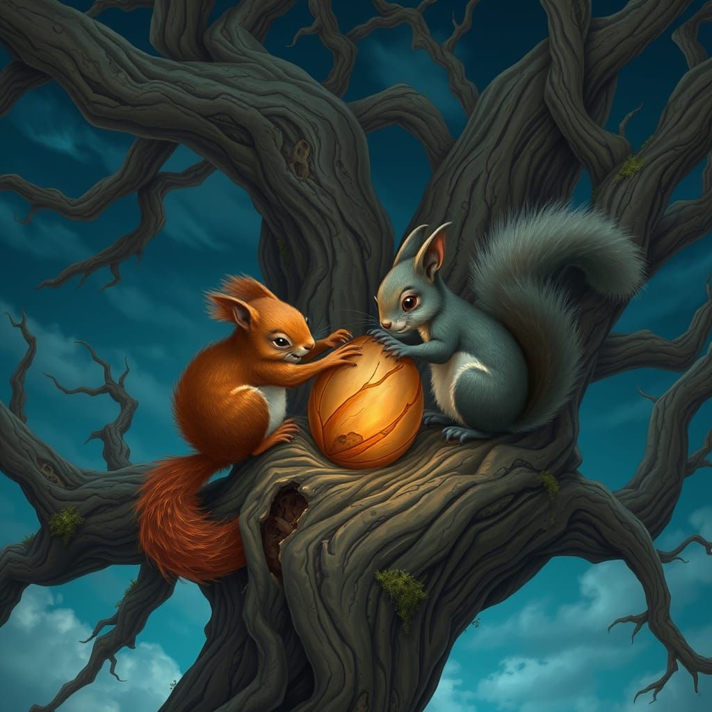 Ginger and Grey Squirrels Clash in Ancient Tree