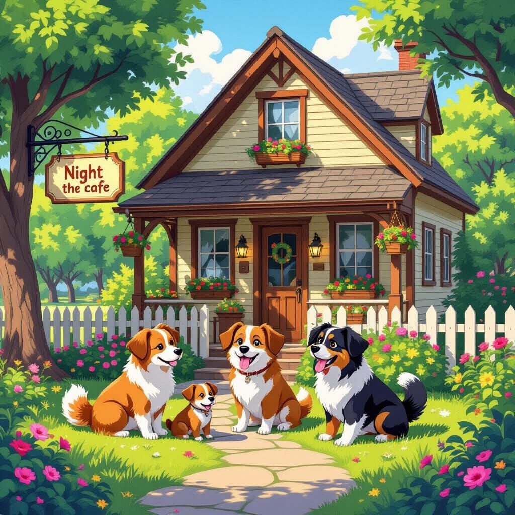 Adorable Dogs Enjoying Cafe in Lush 2D Digital Artwork