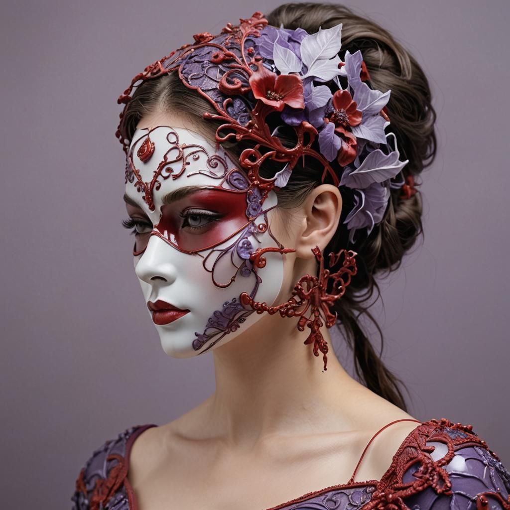 Stunning Woman in Glass Mask with Ceramic Details