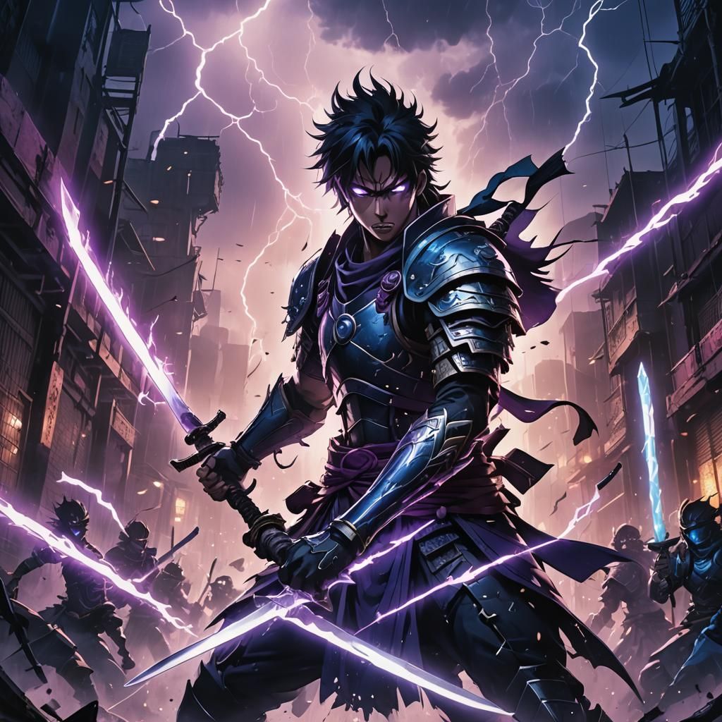 Anime Warrior with Glowing Swords in Dark City