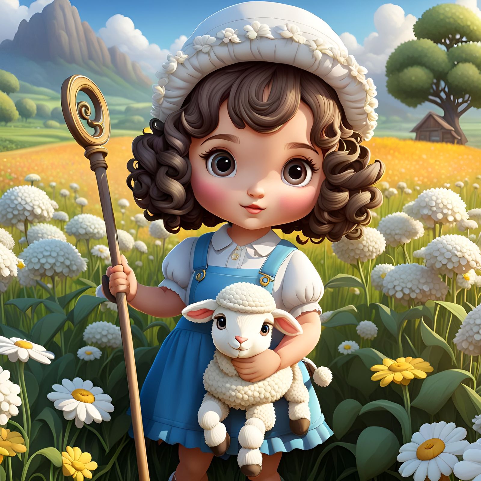 Chibi Girl with Lamb in Summer Flower Field