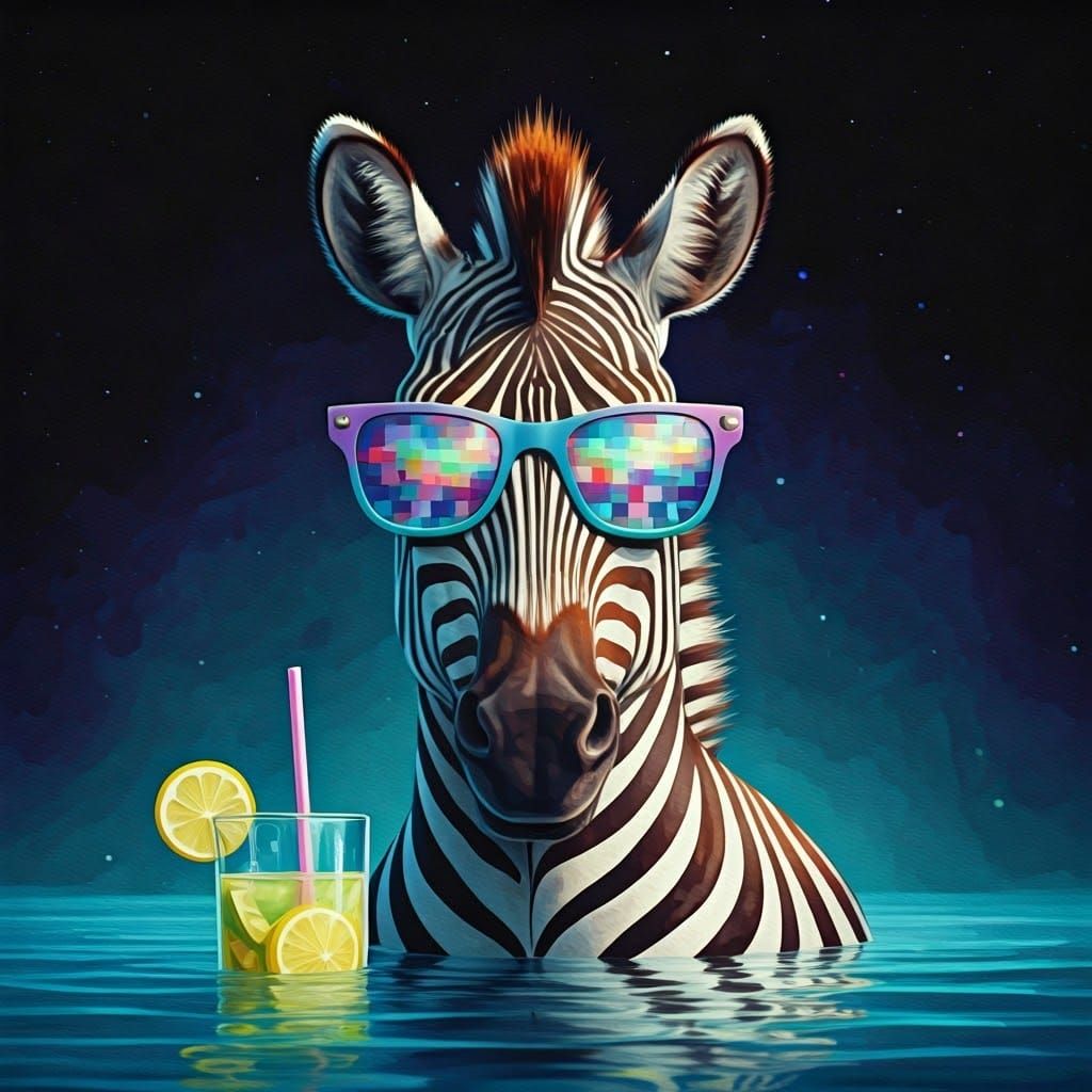 Zebra in Galaxy Pool: Gouache Impressionist Masterpiece