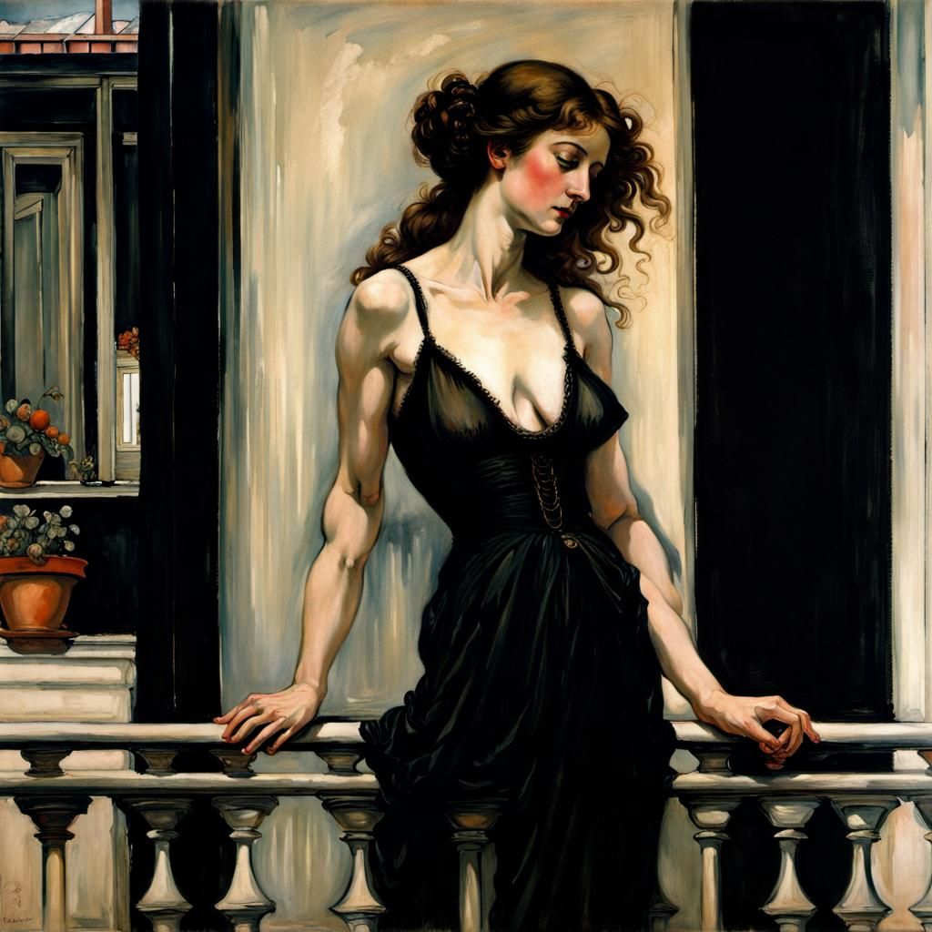 Woman in Black Dress on Balcony, Classical Ink Print
