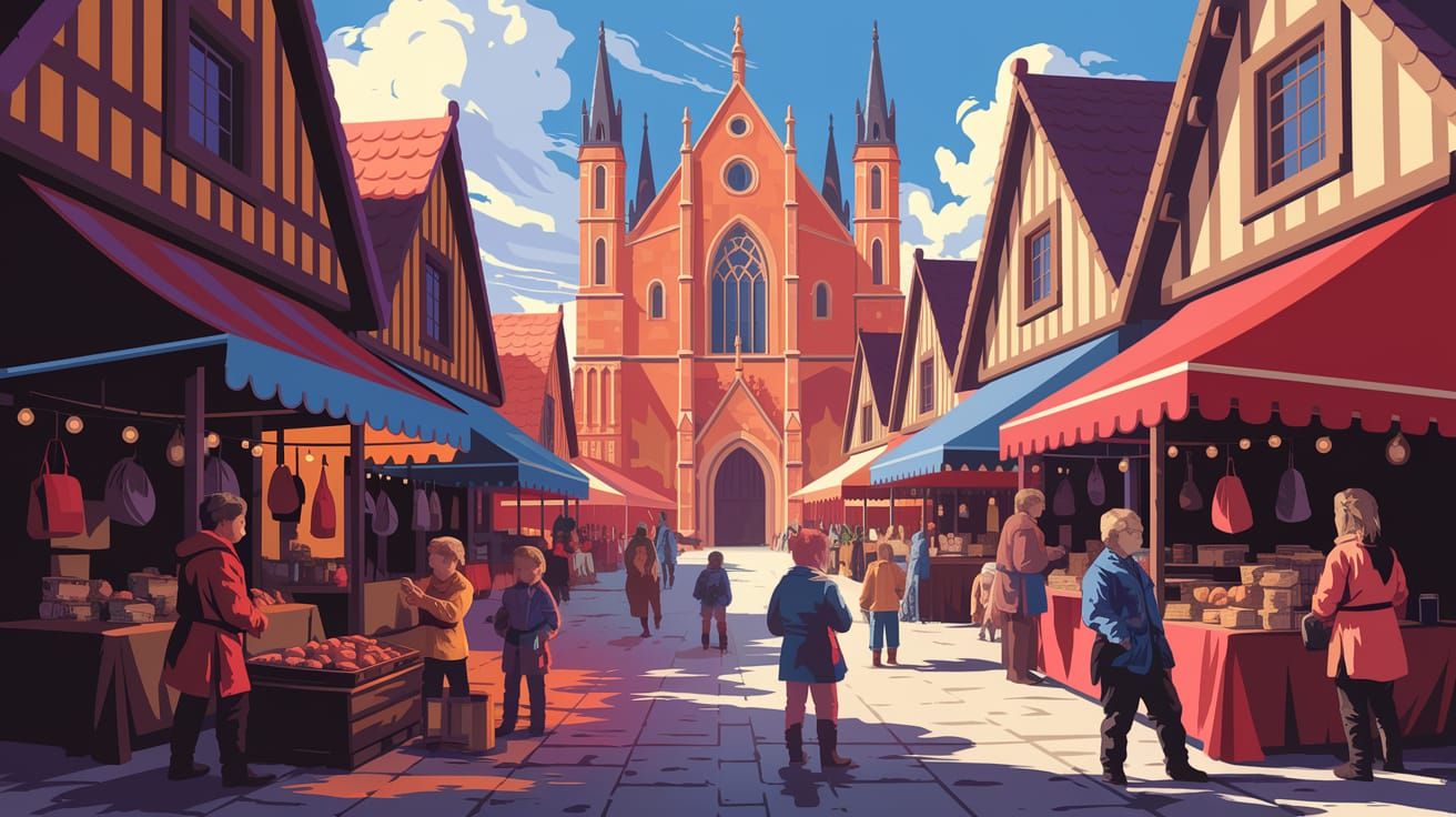 Golden Hour Medieval Village Marketplace Oil Painting