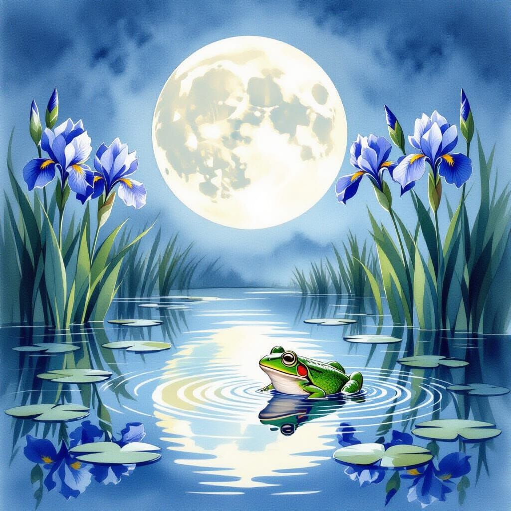 Moonlit Pond Revitalized by Blooming Irises and Frog