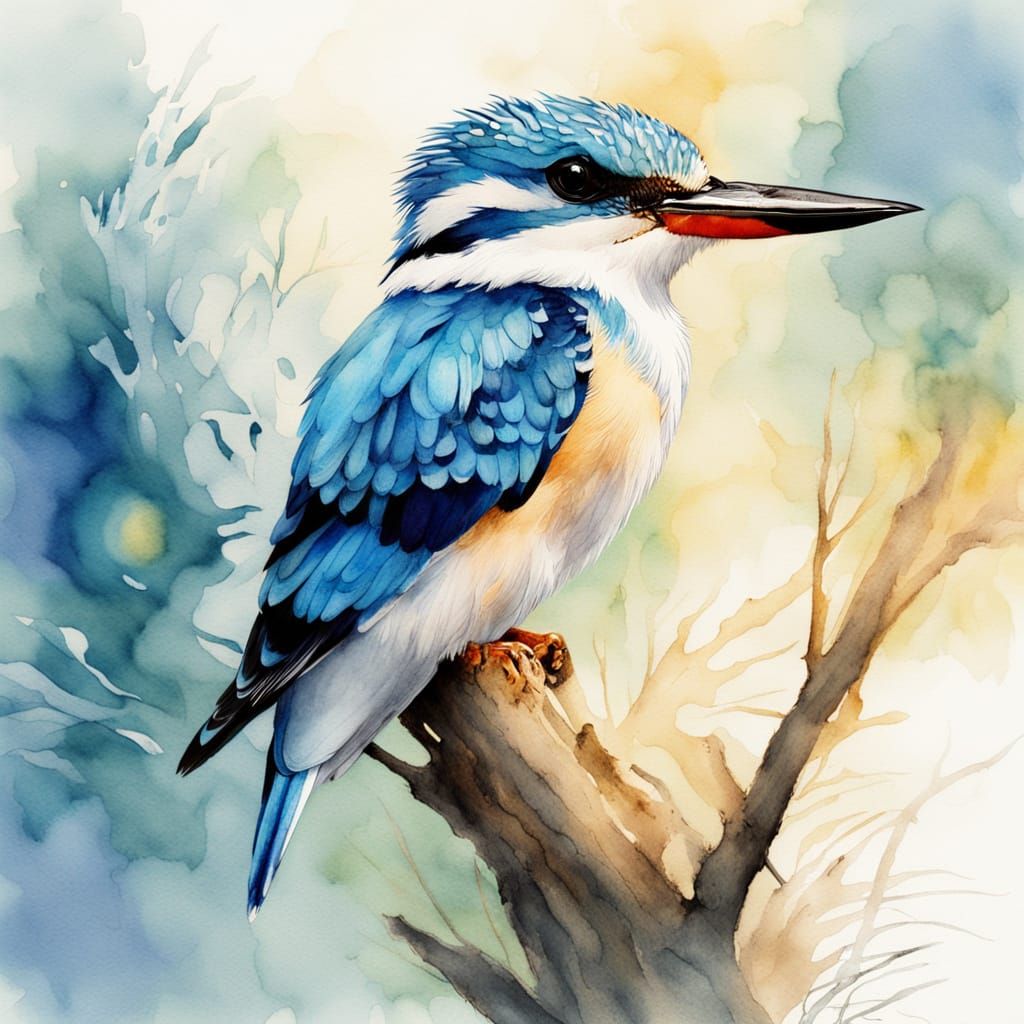 Woodland Kingfisher in Watercolor with Golden Light