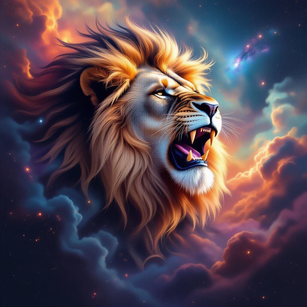 Lion with Starry Mane Roaring in Nebula