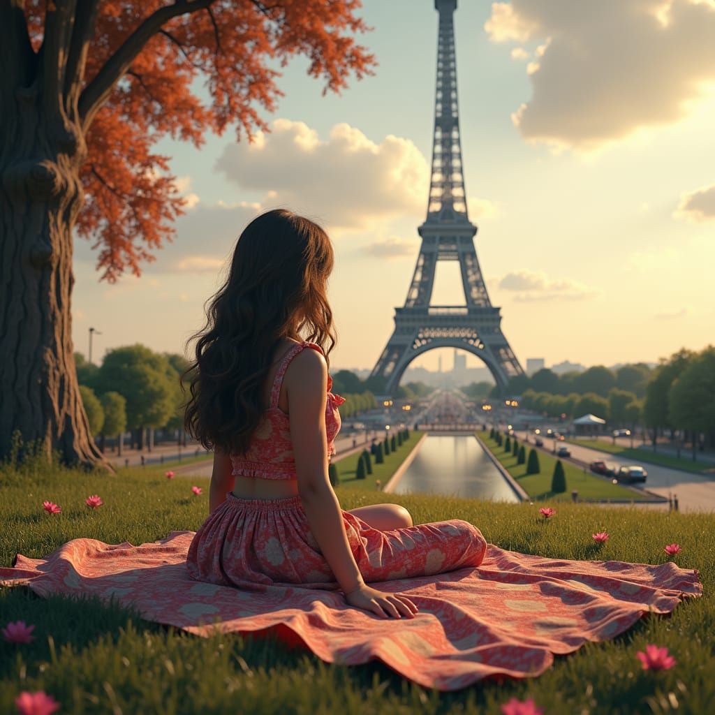 Girl's Picnic by Eiffel Tower: Vintage Photograph
