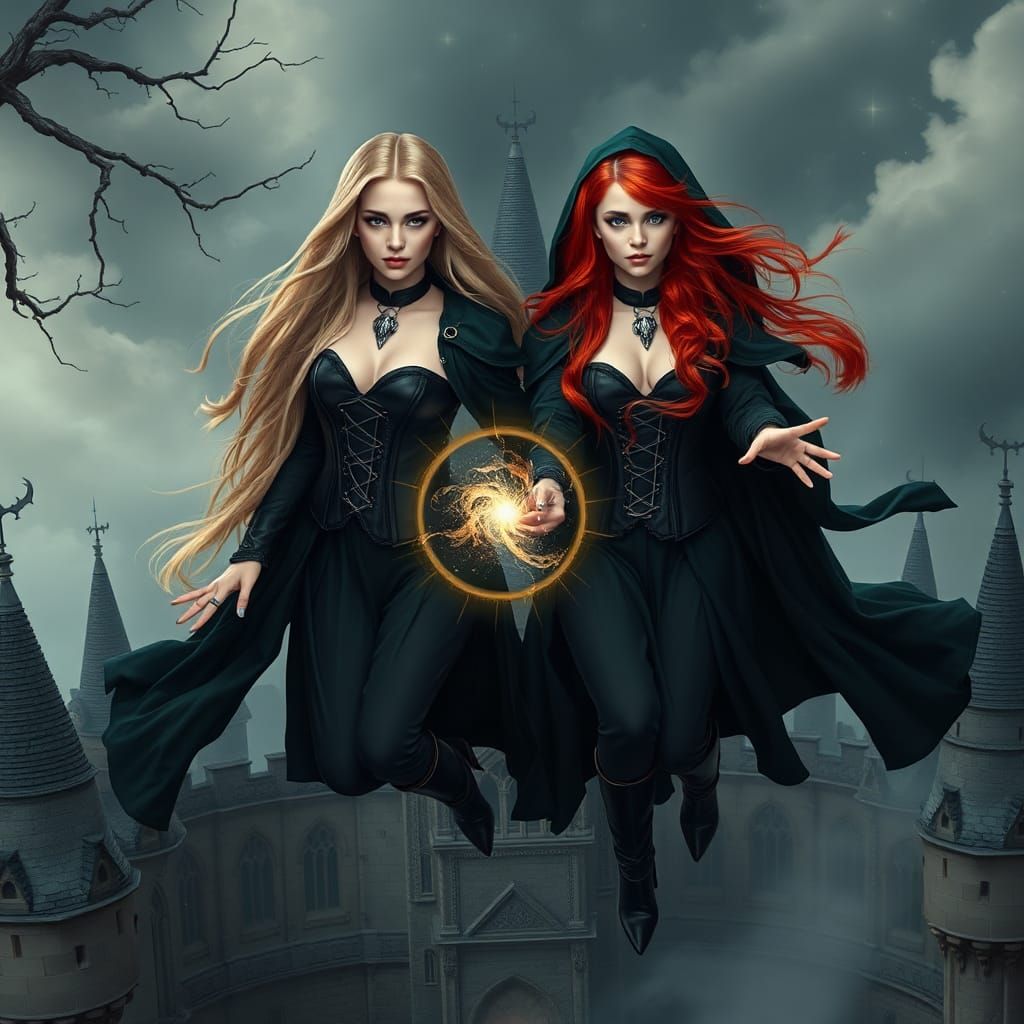 Twin Witches Cast Spells Above Gothic Castle