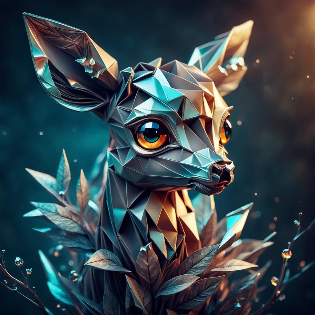 Glass Origami Baby Deer in Dark Fantasy Style