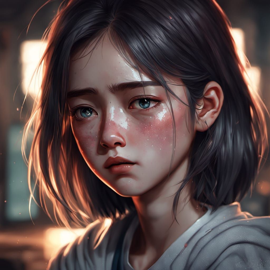 A Sad Woman Weeps at Her Desk in Soft, Warm Light