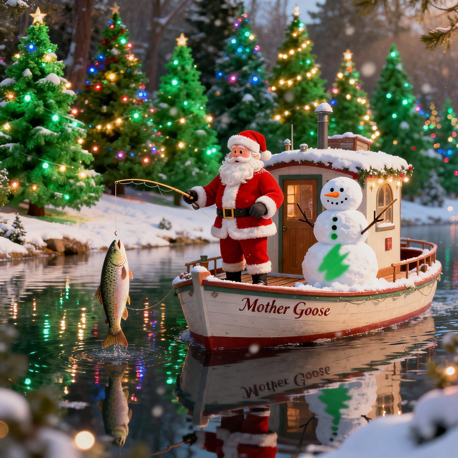 Santa Claus Fishes from Whimsical Houseboat with Snowman