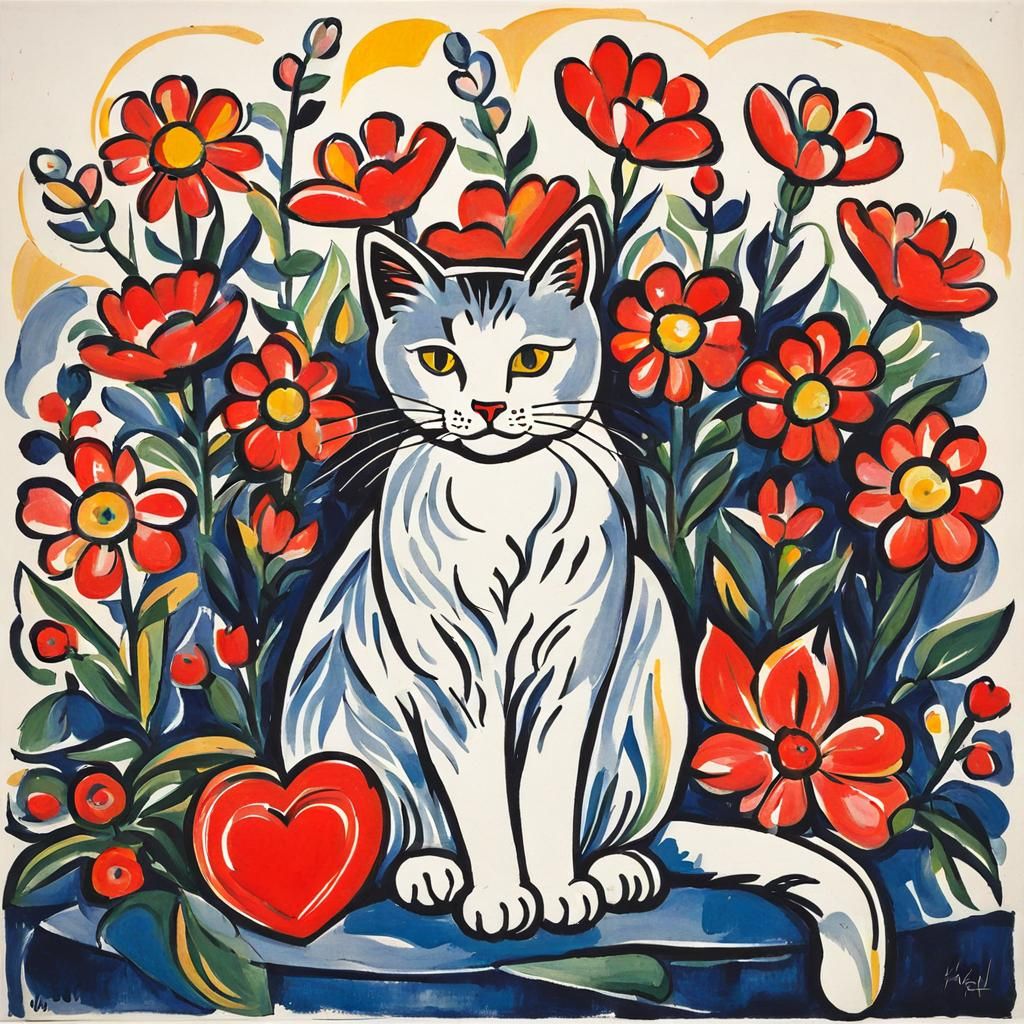 Cat on Pillow with Flowers, in Expressionist Style
