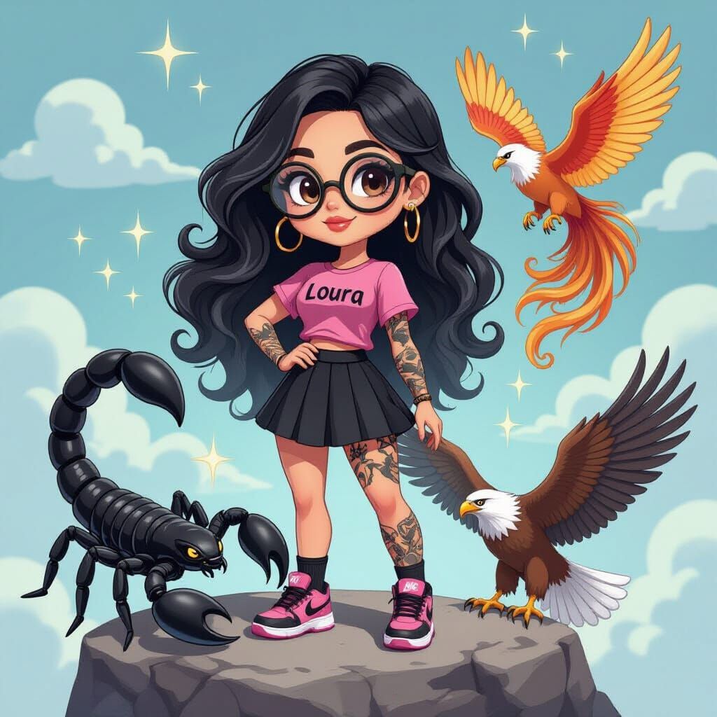 Chibi Woman with Phoenix and Scorpion, Digital Portrait