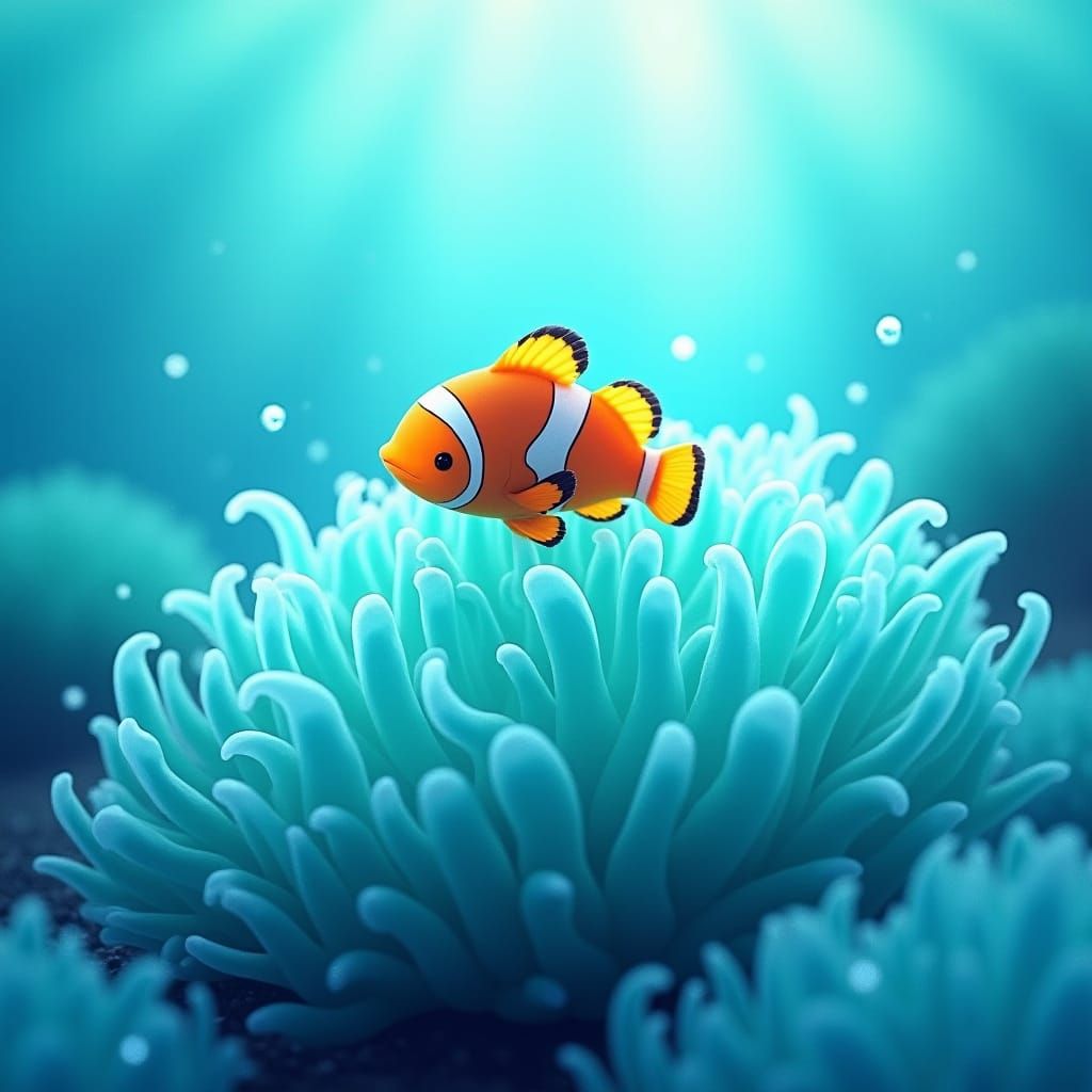 Clownfish in Turquoise Anemone: Dreamy Underwater Scene