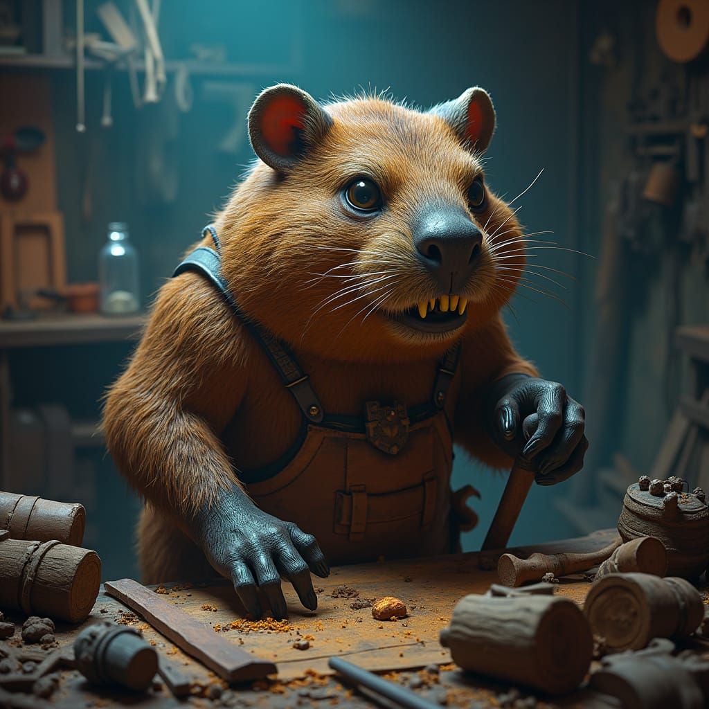 Beaver Craftsman in Mystical Workshop, Digital Matte Paintin...
