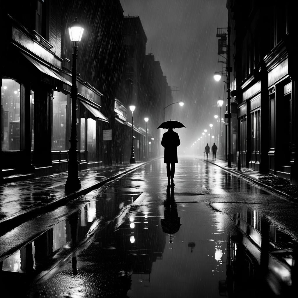 Solitary Figure in Rain-Soaked City Street