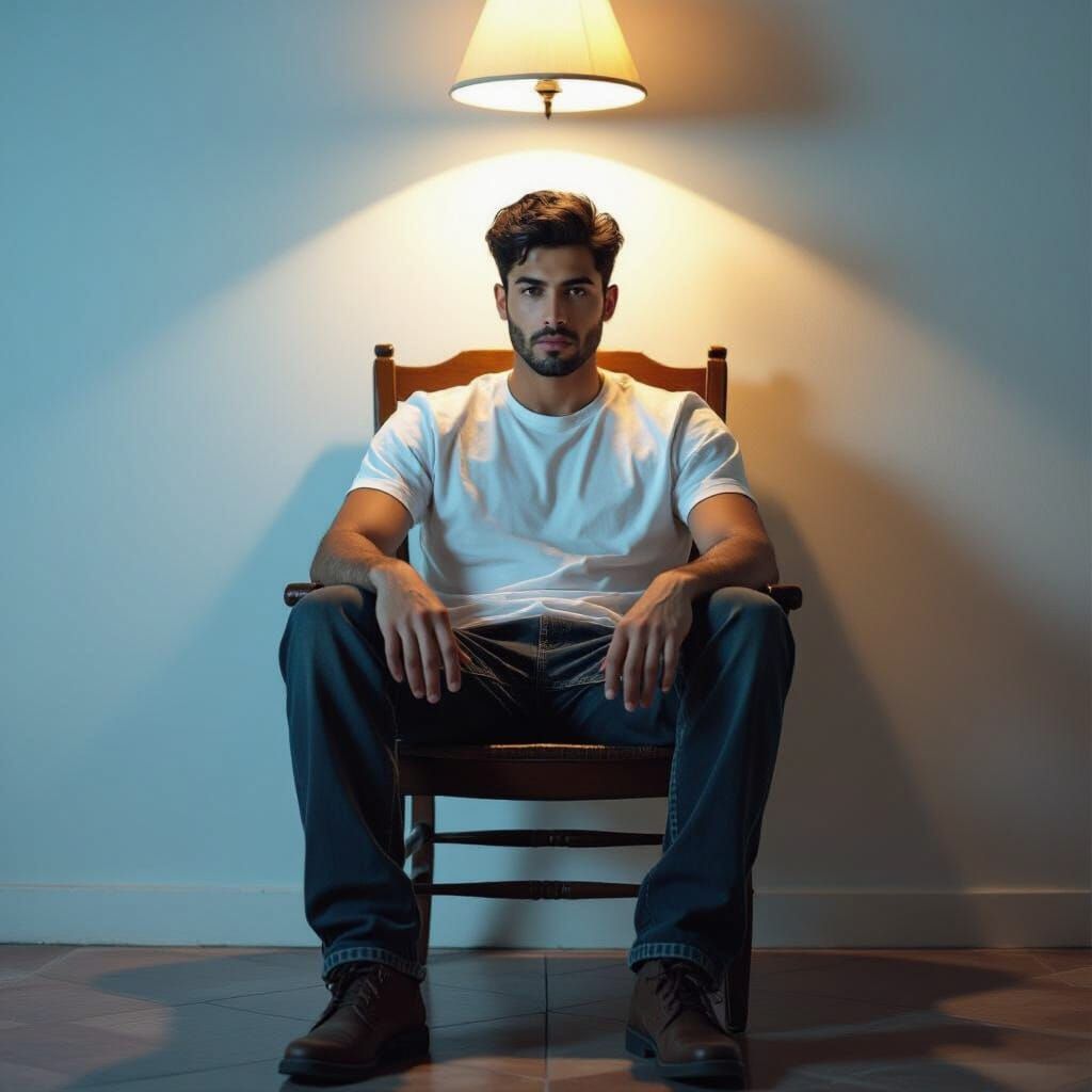 Young Arab Man on Vintage Chair in Dramatic Light
