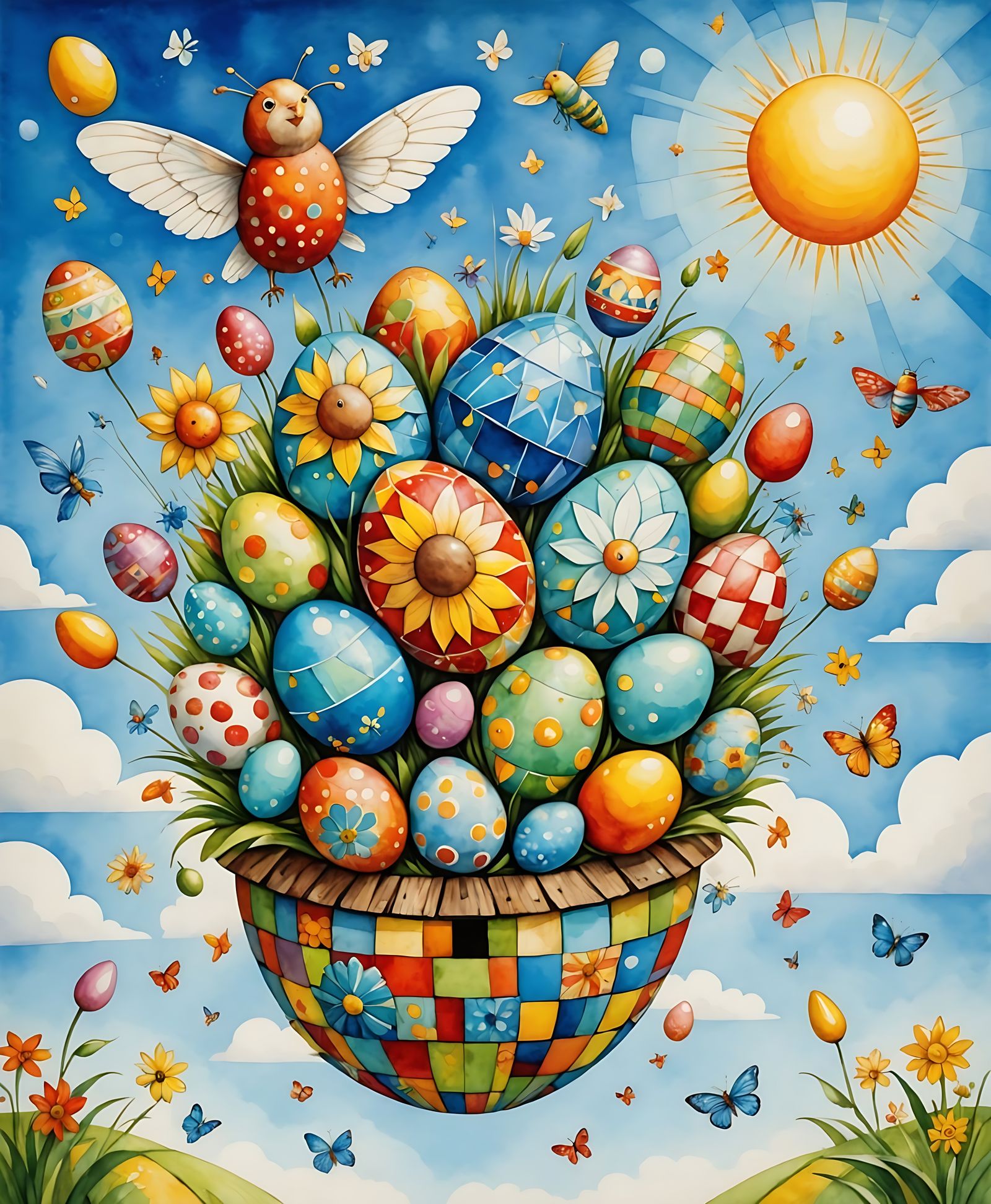 Vibrant Cubist Easter Scene in Watercolor