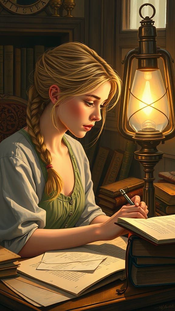 Woman Studying by Gas Lamp in Cozy Atmosphere