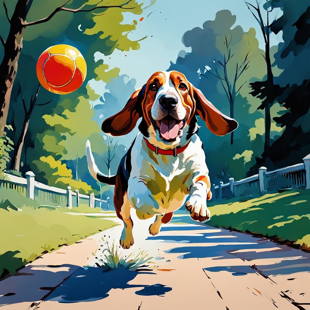 Basset Hound Leaping for Ball in Mid-Century Park