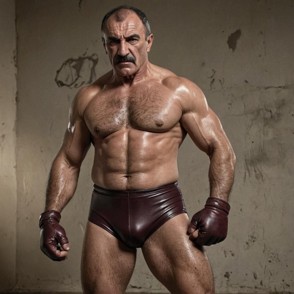 Muscular Azeri Wrestler in Cordovan Vinyl Trunks