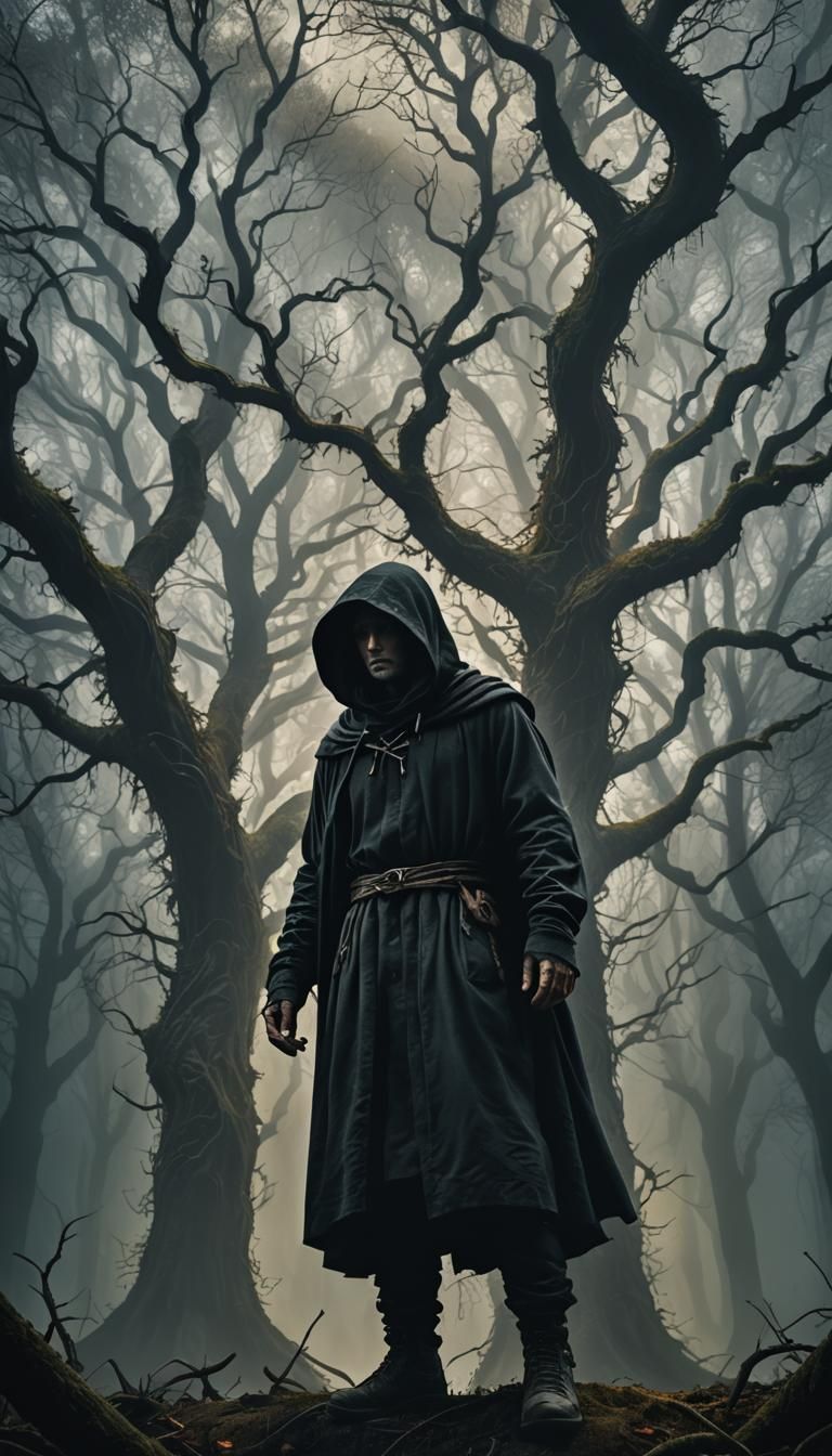 Mystical Forest: Hooded Figure in Dark Fantasy Style