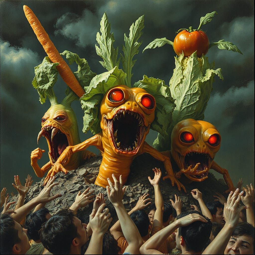 Grotesque Vegetables Wreak Havoc in Surreal Scene