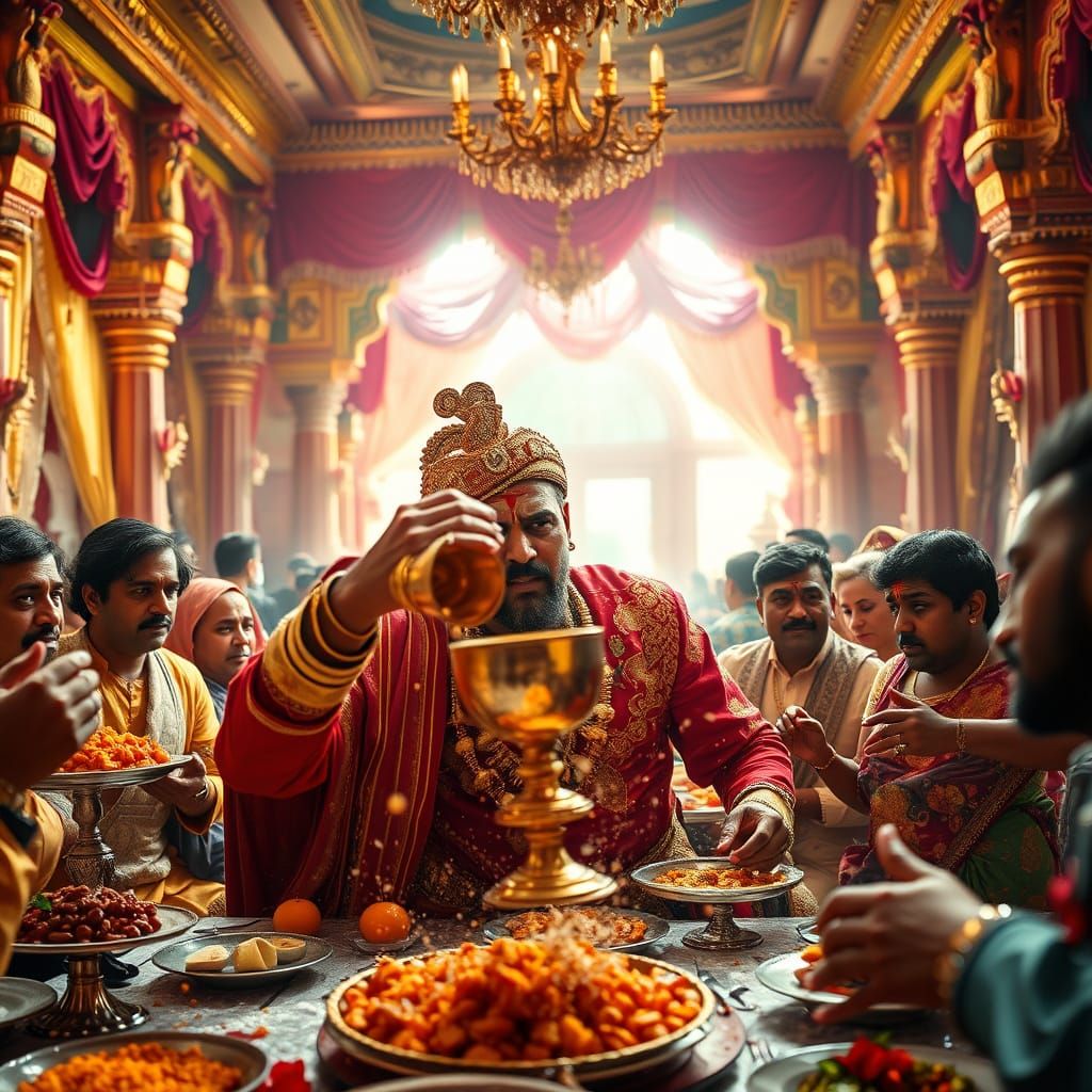 Maharaja's Dramatic Collapse in Grand Palace Feast Hall