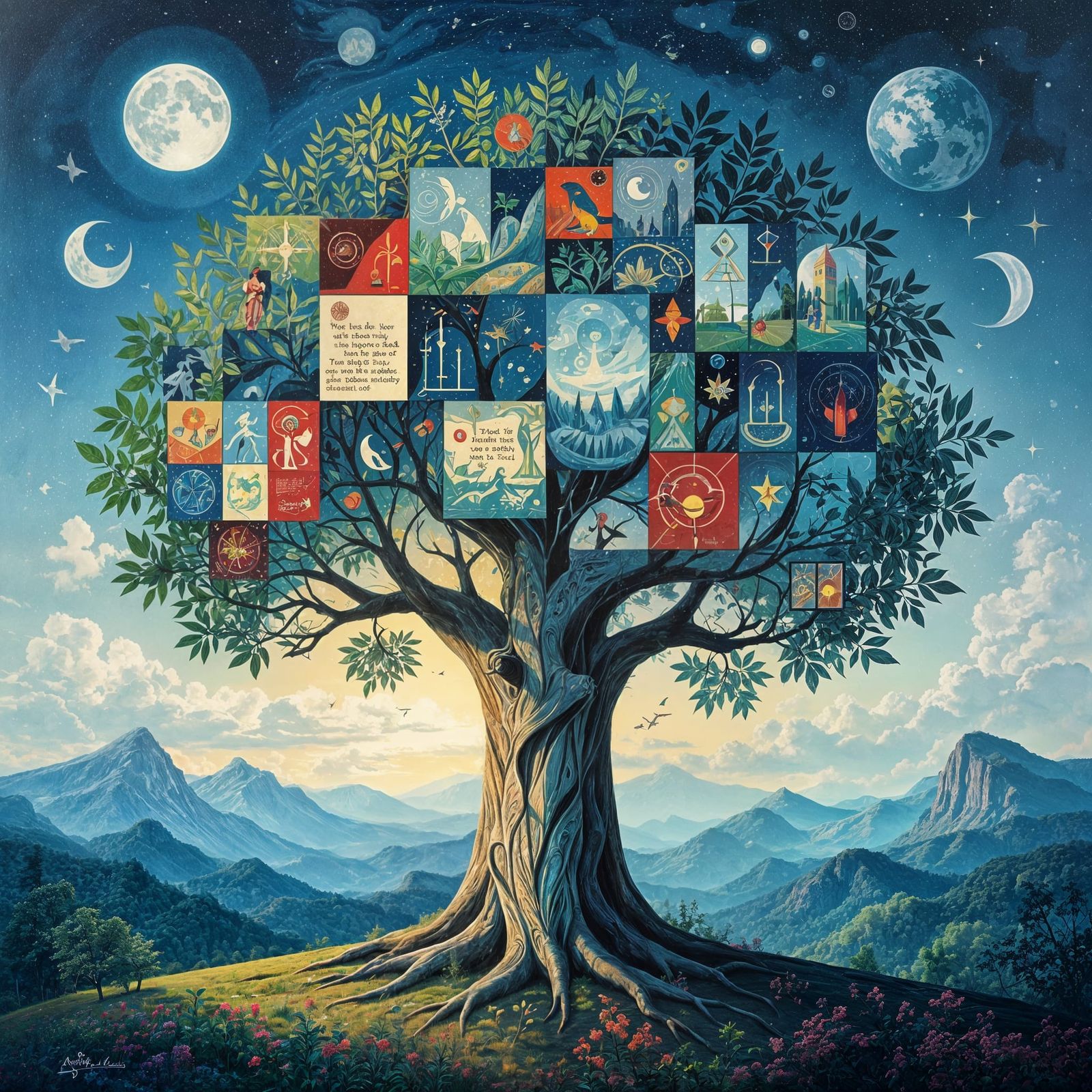 Futuristic Tree of Knowledge in Cubist Style