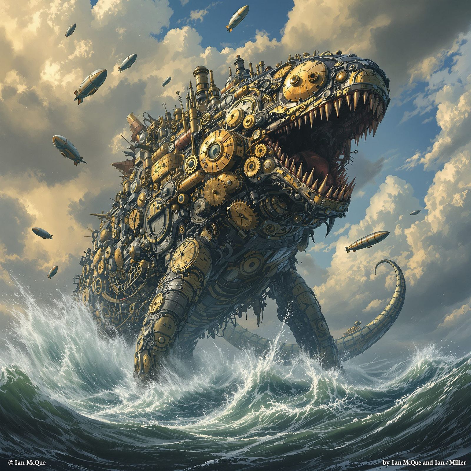 Steampunk Leviathan Emerges from Stormy Sea with Airships