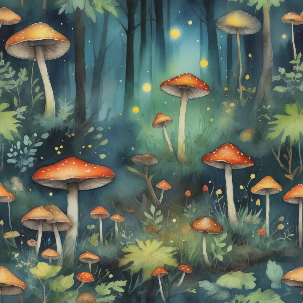 Watercolor Fireflies and Mushrooms in Woods