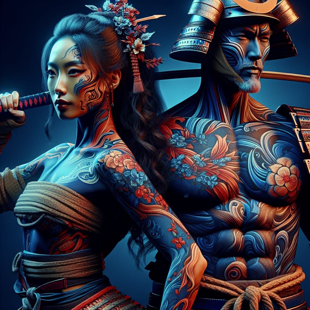 Samurai-Inspired Body Paint Art in Eastern Animation Style