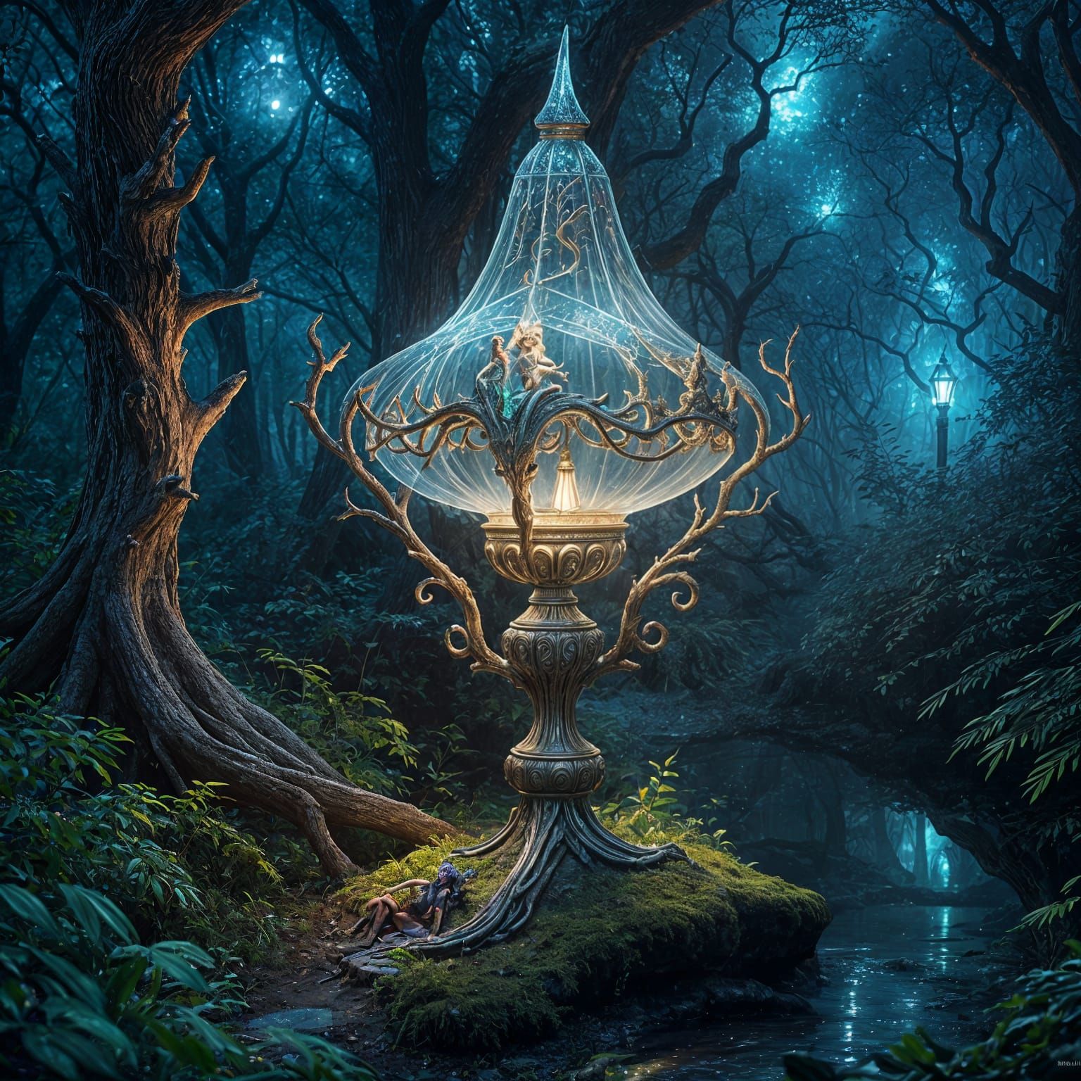 Bioluminescent Elf Lamp in Enchanted Forest