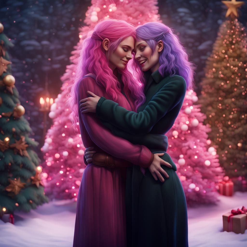 Pink and Black Haired Women Hug by Christmas Tree