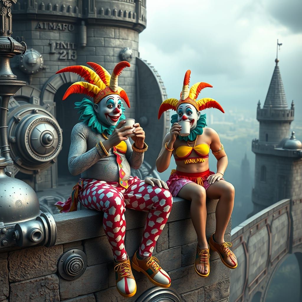 Clowns on Castle Walls in Sci-Fi Style