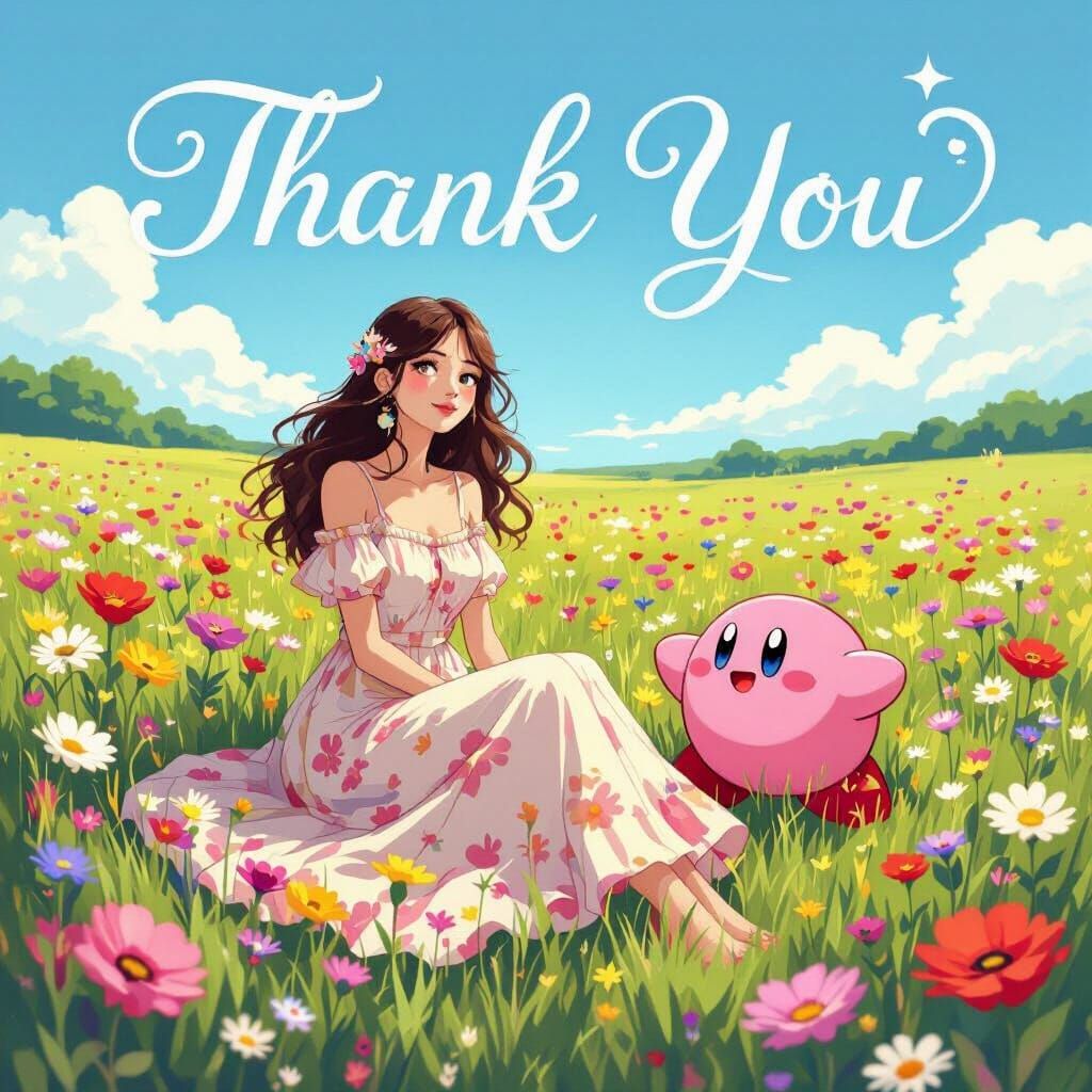 Woman, Kirby, and Thank You in Whimsical Style