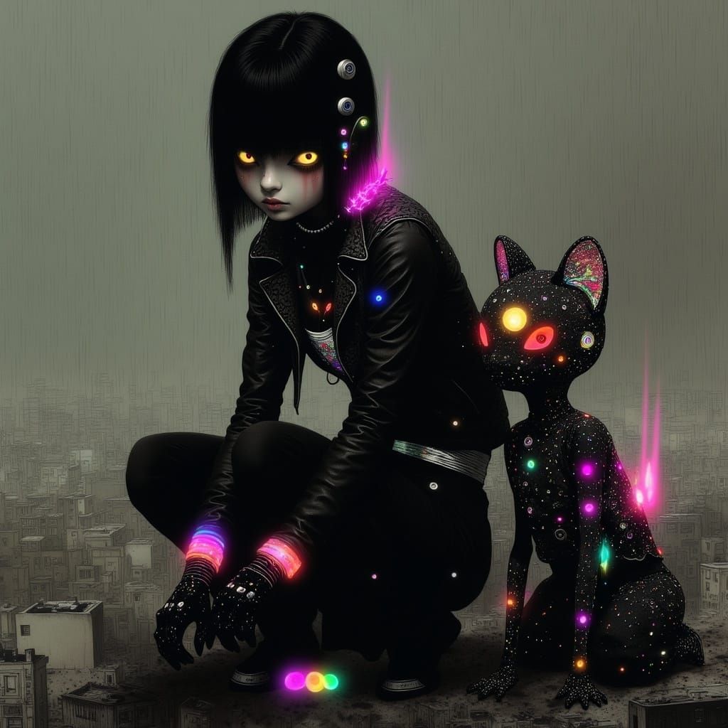 Cyberpunk Heroine Defies Dystopian City in Neon-Lit Stance