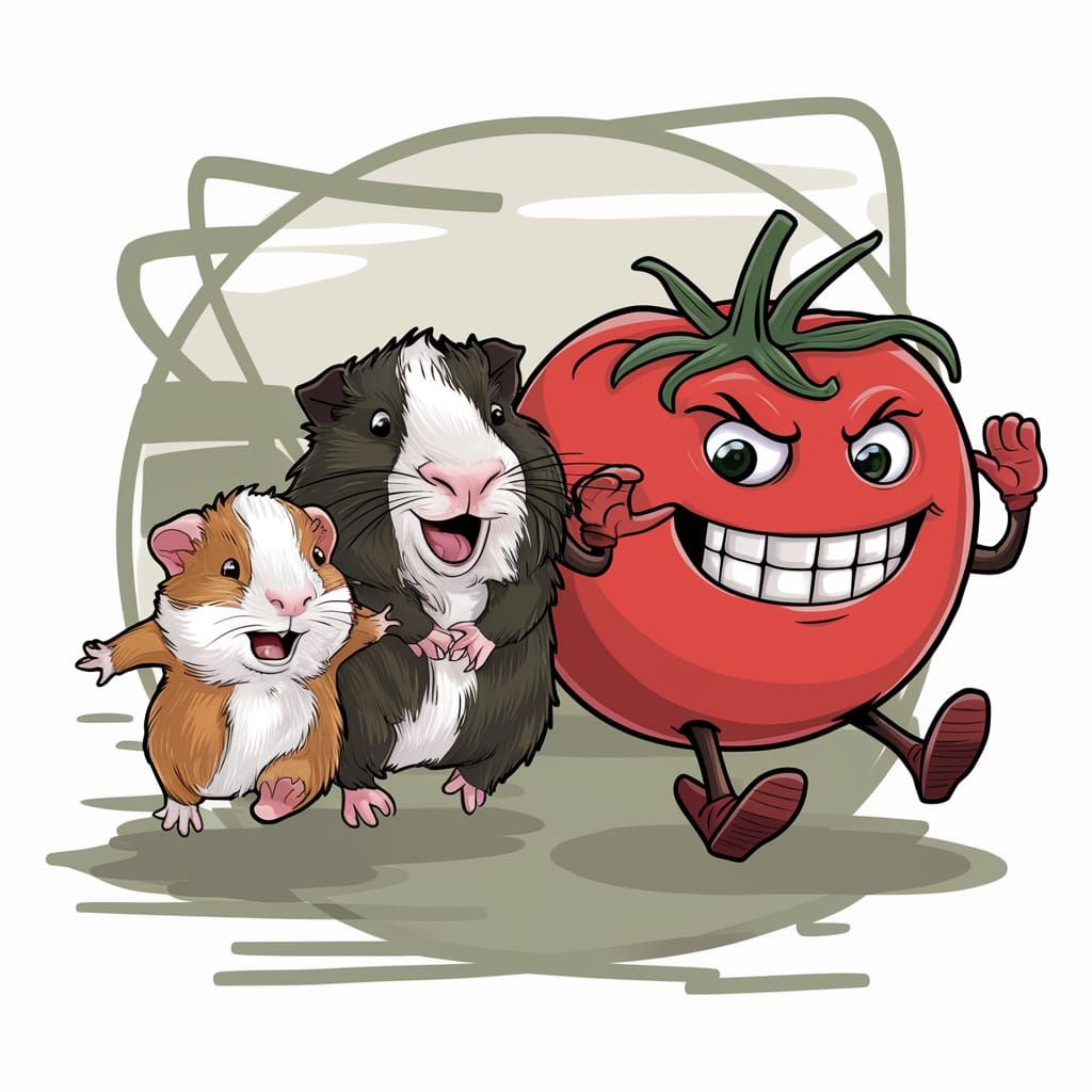 Guinea Pigs Chasing Tomato Character Illustration