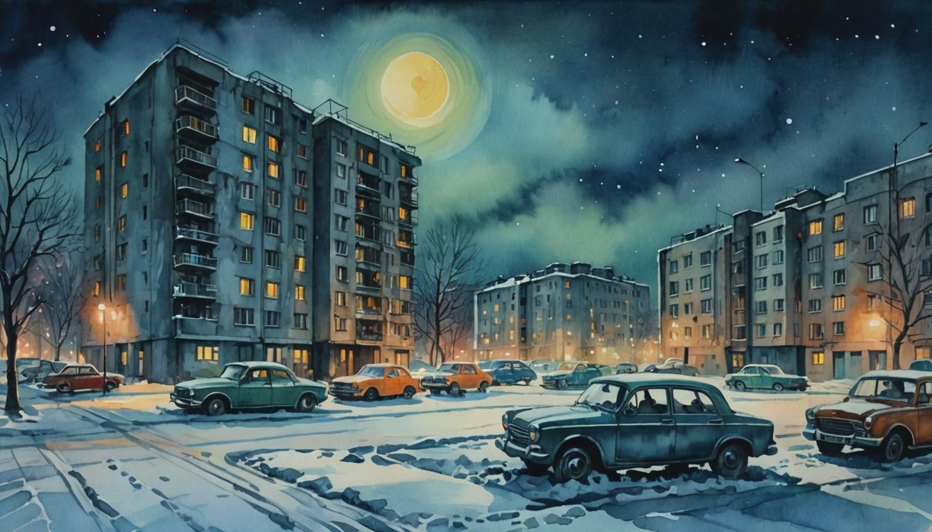 Vibrant Soviet Cityscape on a Winter Night as Watercolor